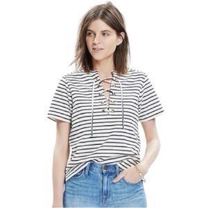 Madewell Black & White Striped Lace Up Short Sleeve Shirt